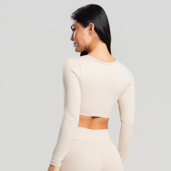 Top Cropped Manga Longa Creme