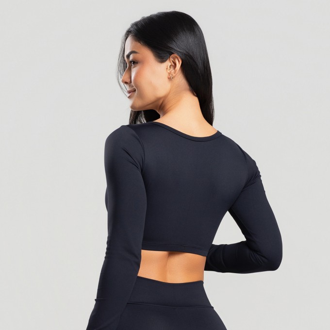 Top Cropped Manga Longa Preto